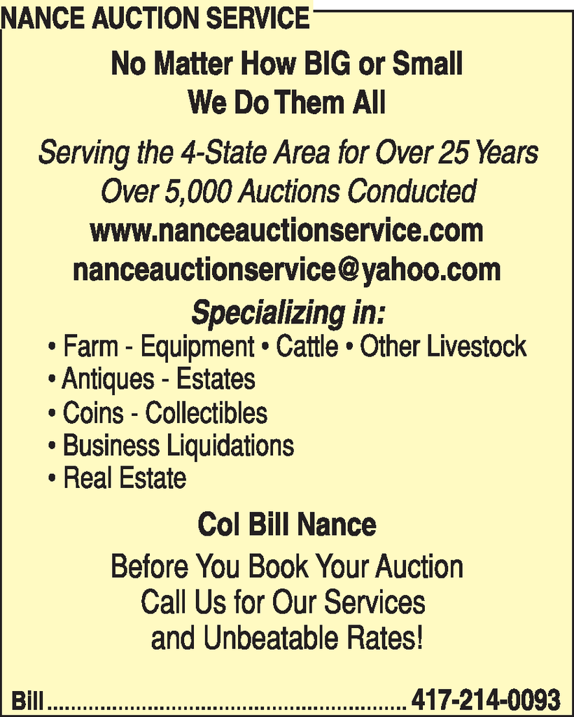 Nance Auction Service Nevada, MO Names and Numbers